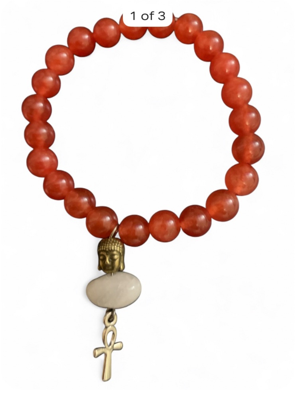 Red Bead Stretch Bracelet with Buddha and Ankh Charms